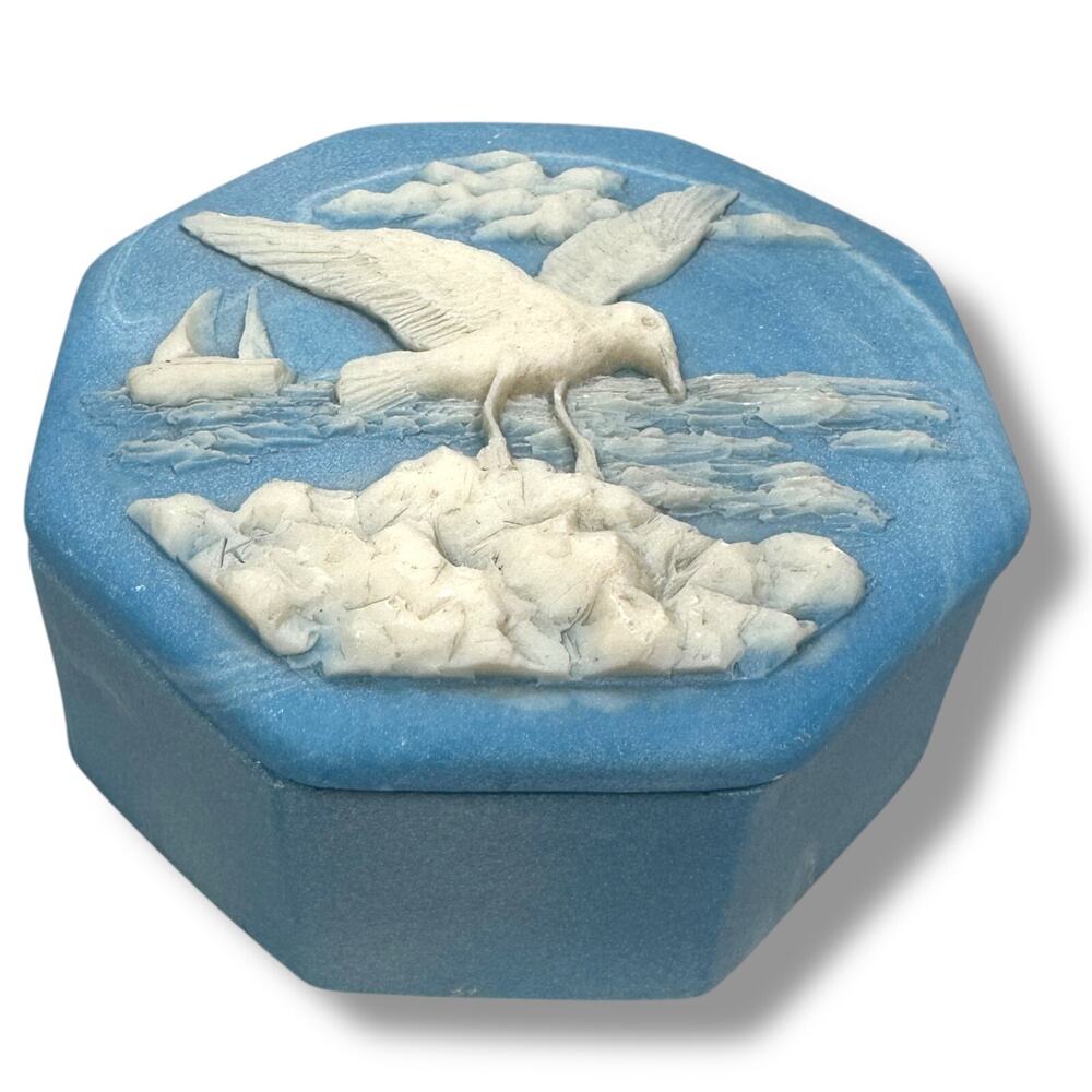 Vintage Incolay Trinket Box w/ Lid Seagull Sailboat‎ Jewelry Box Jasperware Blue